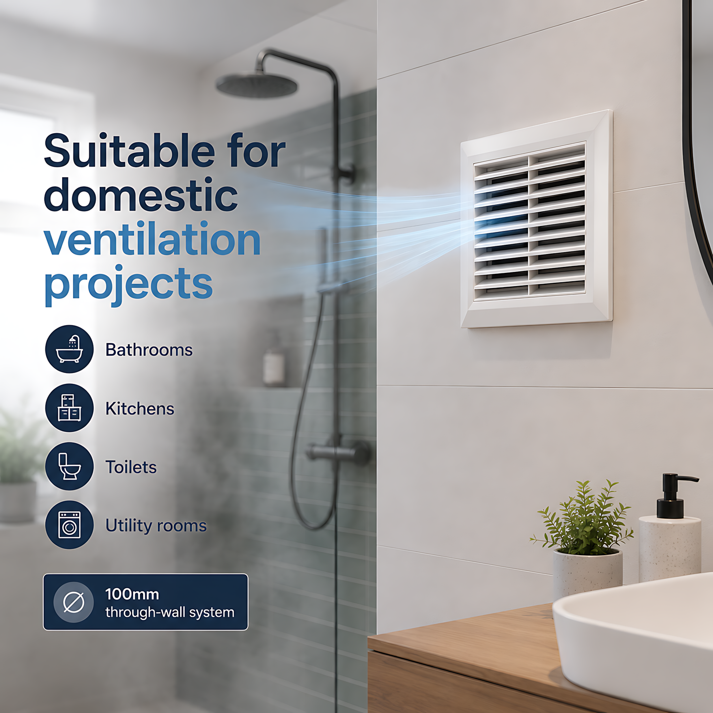 100mm Through-Wall Ventilation Kit with 500mm Duct and Backdraft Damper for Bathrooms, Kitchens, Toilets & Utility Rooms