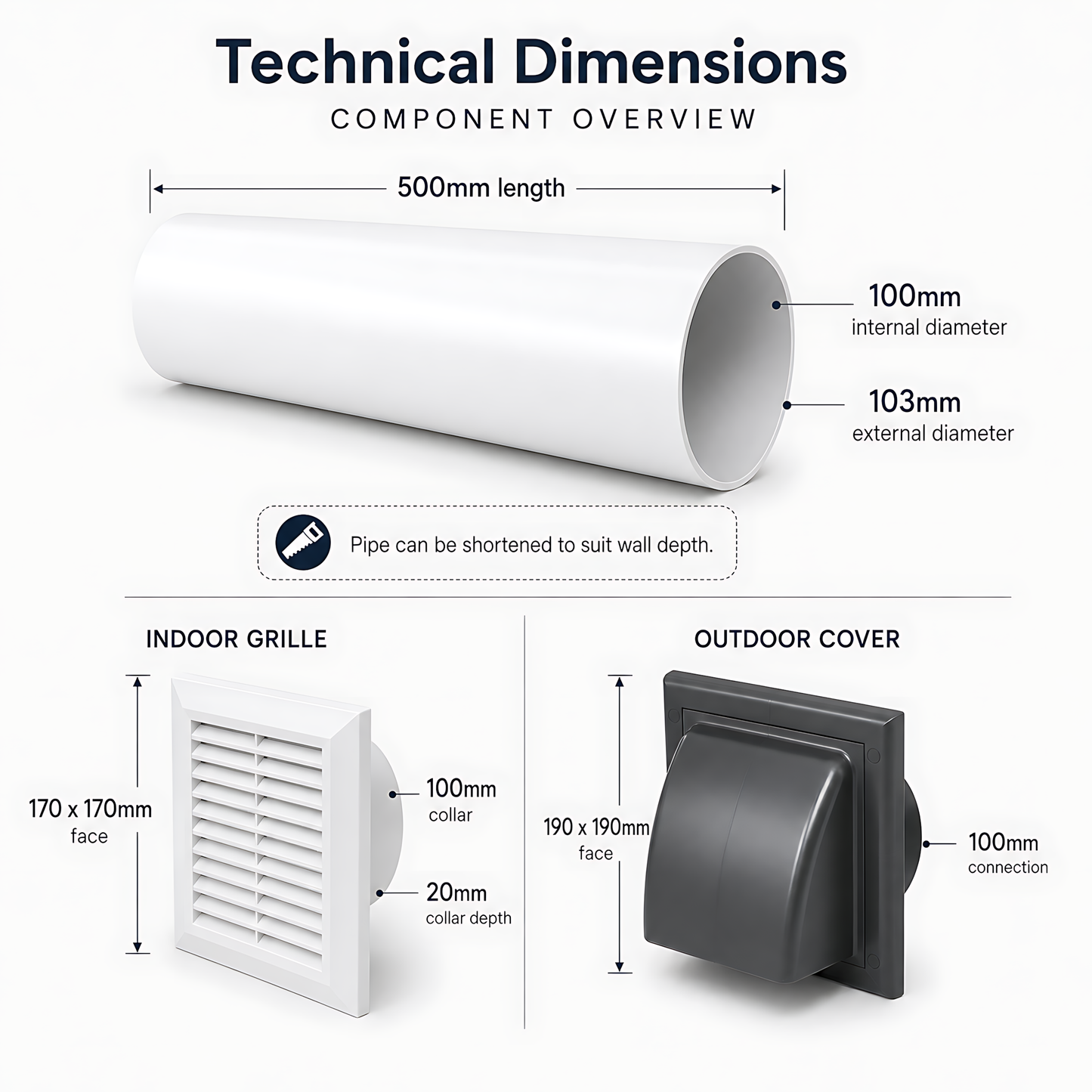 100mm Through-Wall Ventilation Kit with 500mm Duct and Backdraft Damper for Bathrooms, Kitchens, Toilets and Utility Rooms