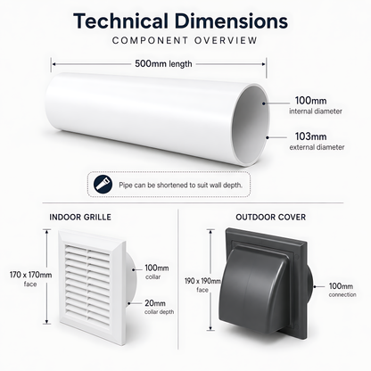 100mm Through-Wall Ventilation Kit with 500mm Duct and Backdraft Damper for Bathrooms, Kitchens, Toilets and Utility Rooms