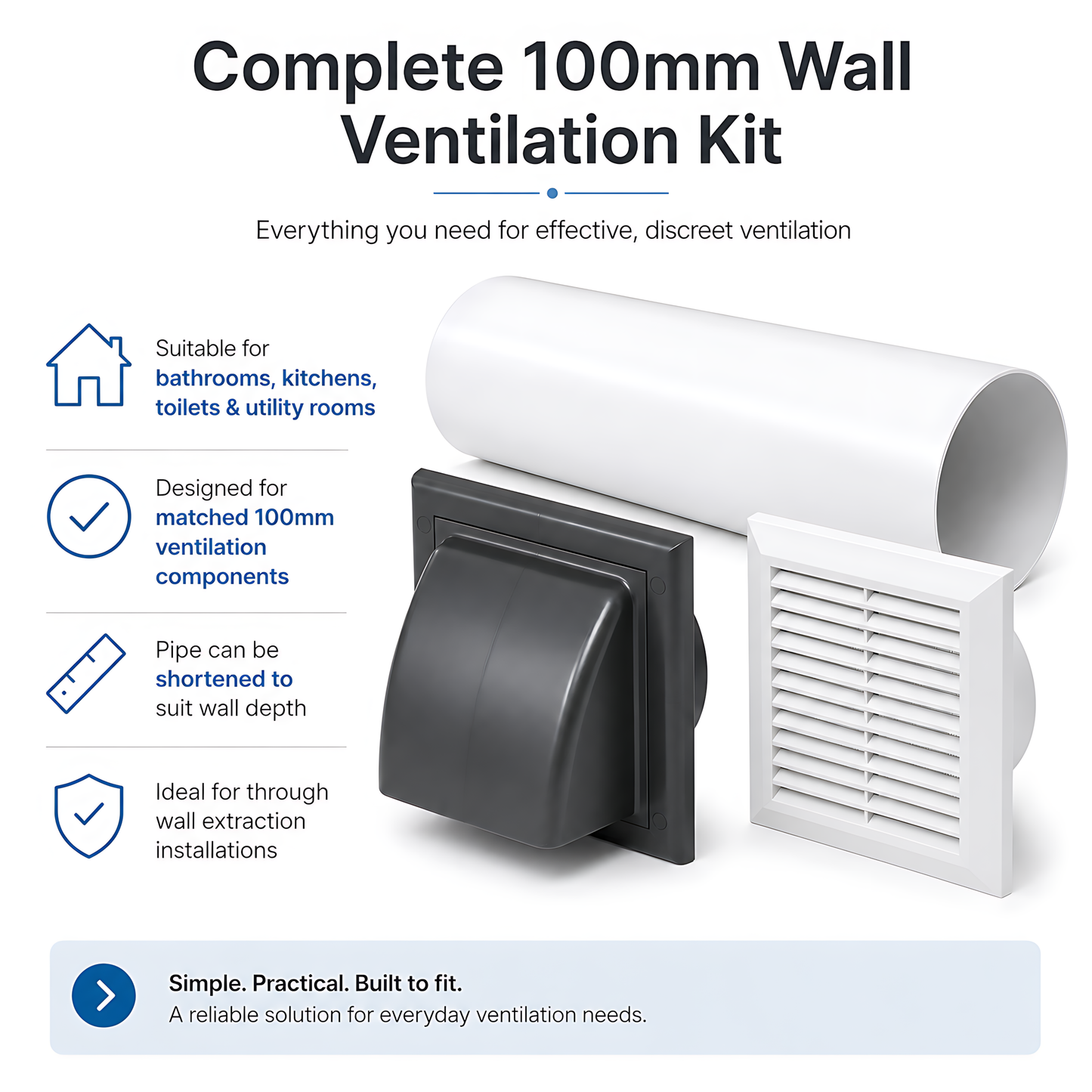100mm Through-Wall Ventilation Kit with 500mm Duct and Backdraft Damper for Bathrooms, Kitchens, Toilets and Utility Rooms