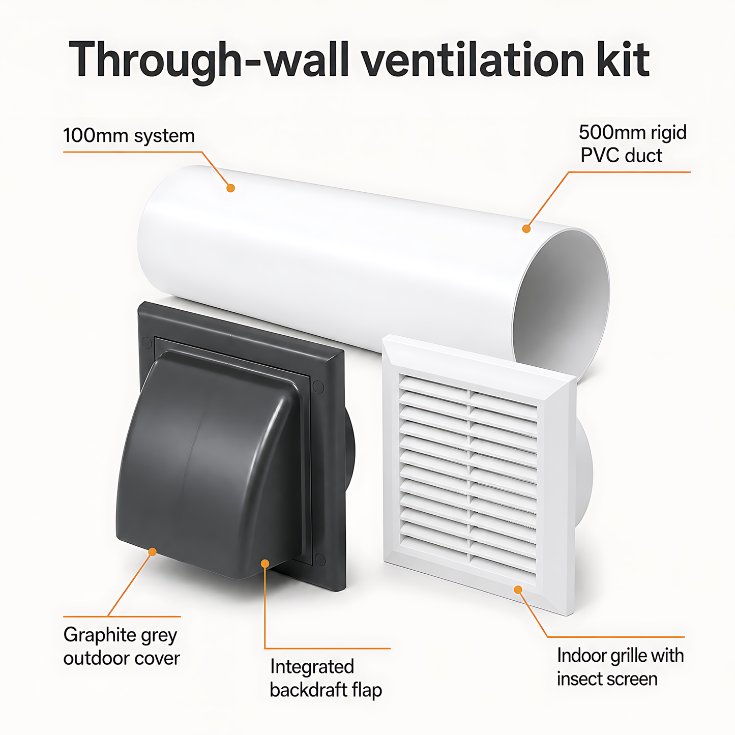 100mm Through-Wall Ventilation Kit with 500mm Duct and Backdraft Damper for Bathrooms, Kitchens, Toilets and Utility Rooms