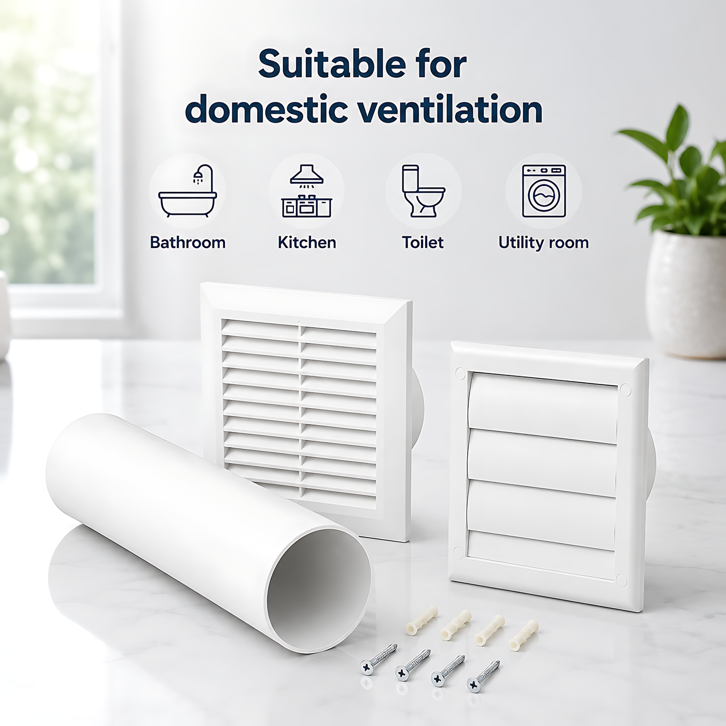 100mm Through-Wall Ventilation Kit with 500mm Duct and Backdraft Grille for Bathrooms, Kitchens, Toilets and Utility Rooms