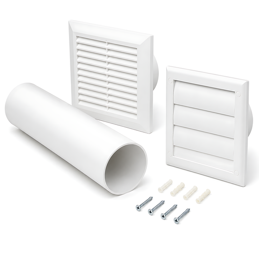100mm Through-Wall Ventilation Kit with 500mm Duct and Backdraft Grille for Bathrooms, Kitchens, Toilets and Utility Rooms