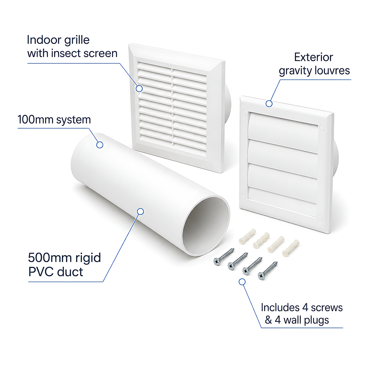 100mm Through-Wall Ventilation Kit with 500mm Duct and Backdraft Grille for Bathrooms, Kitchens, Toilets and Utility Rooms