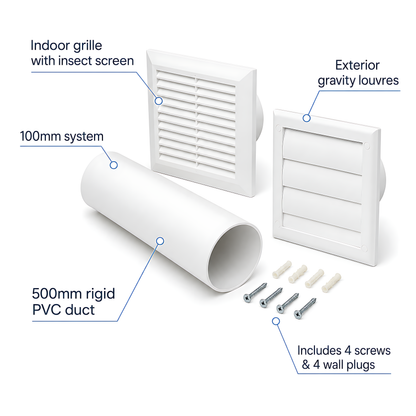 100mm Through-Wall Ventilation Kit with 500mm Duct and Backdraft Grille for Bathrooms, Kitchens, Toilets and Utility Rooms