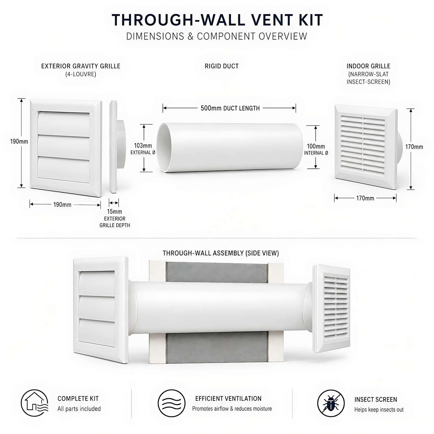 100mm Through-Wall Ventilation Kit with 500mm Duct and Backdraft Grille for Bathrooms, Kitchens, Toilets and Utility Rooms