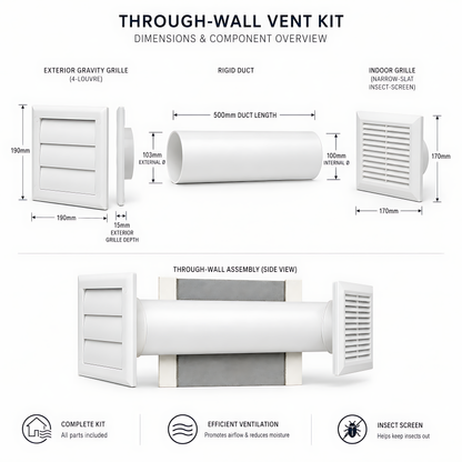 100mm Through-Wall Ventilation Kit with 500mm Duct and Backdraft Grille for Bathrooms, Kitchens, Toilets and Utility Rooms