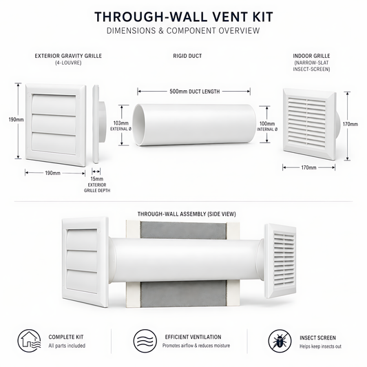 100mm Through-Wall Ventilation Kit with 500mm Duct and Backdraft Grille for Bathrooms, Kitchens, Toilets and Utility Rooms