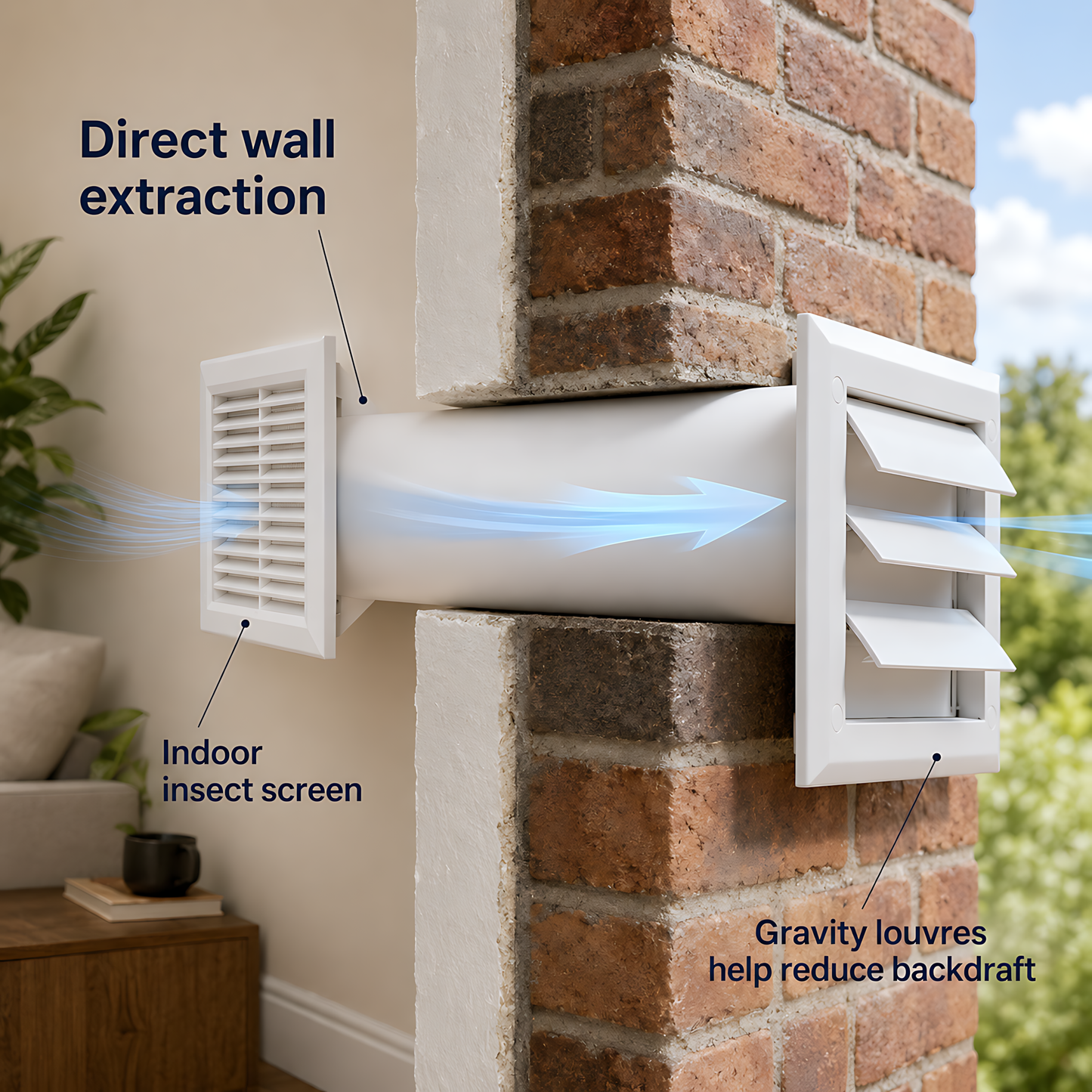 100mm Through-Wall Ventilation Kit with 500mm Duct and Backdraft Grille for Bathrooms, Kitchens, Toilets and Utility Rooms