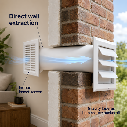 100mm Through-Wall Ventilation Kit with 500mm Duct and Backdraft Grille for Bathrooms, Kitchens, Toilets and Utility Rooms