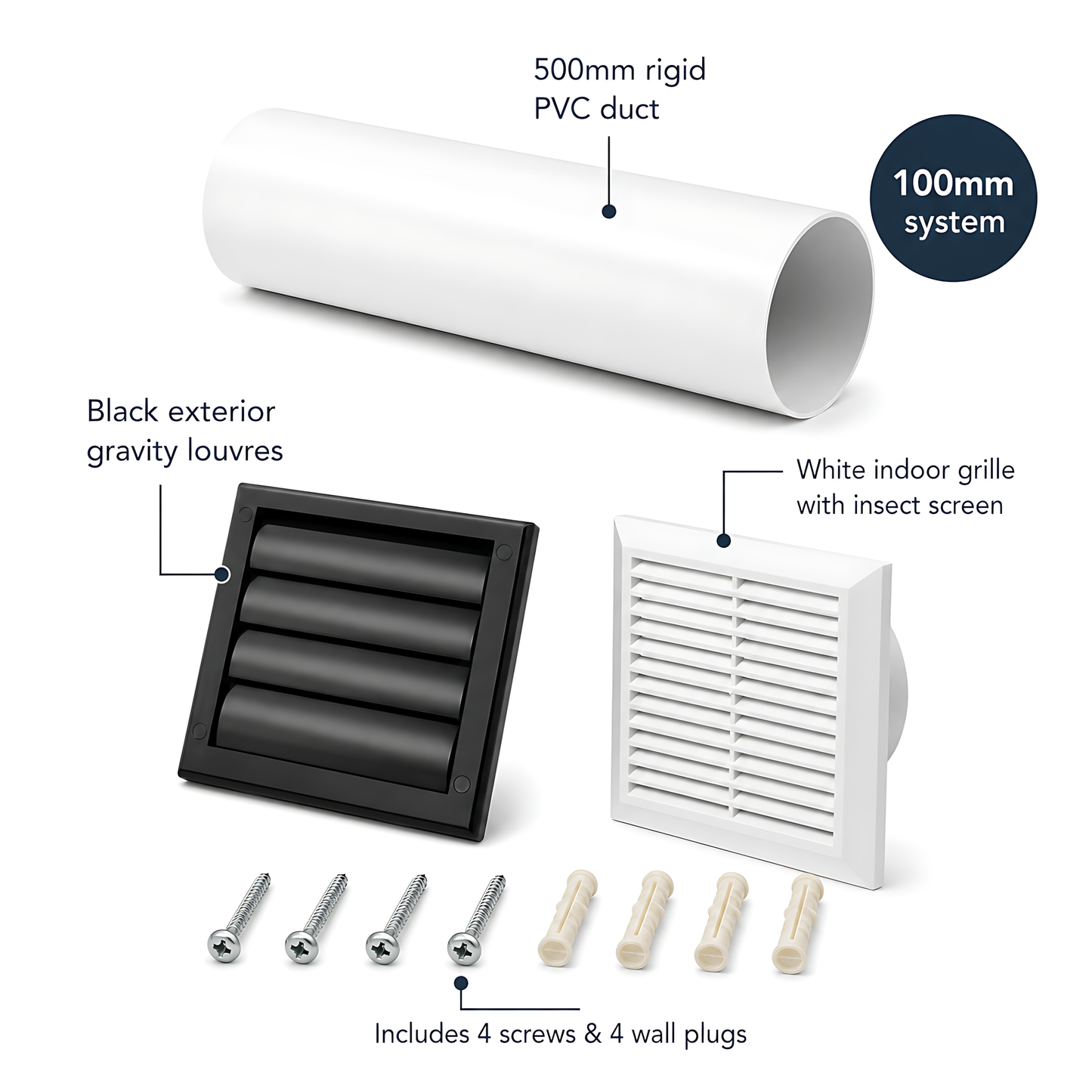 100mm Through-Wall Ventilation Kit with 500mm Duct and Backdraft Grille for Bathrooms, Kitchens, Toilets and Utility Rooms