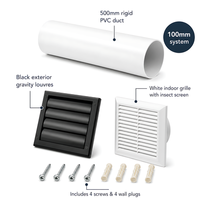 100mm Through-Wall Ventilation Kit with 500mm Duct and Backdraft Grille for Bathrooms, Kitchens, Toilets and Utility Rooms