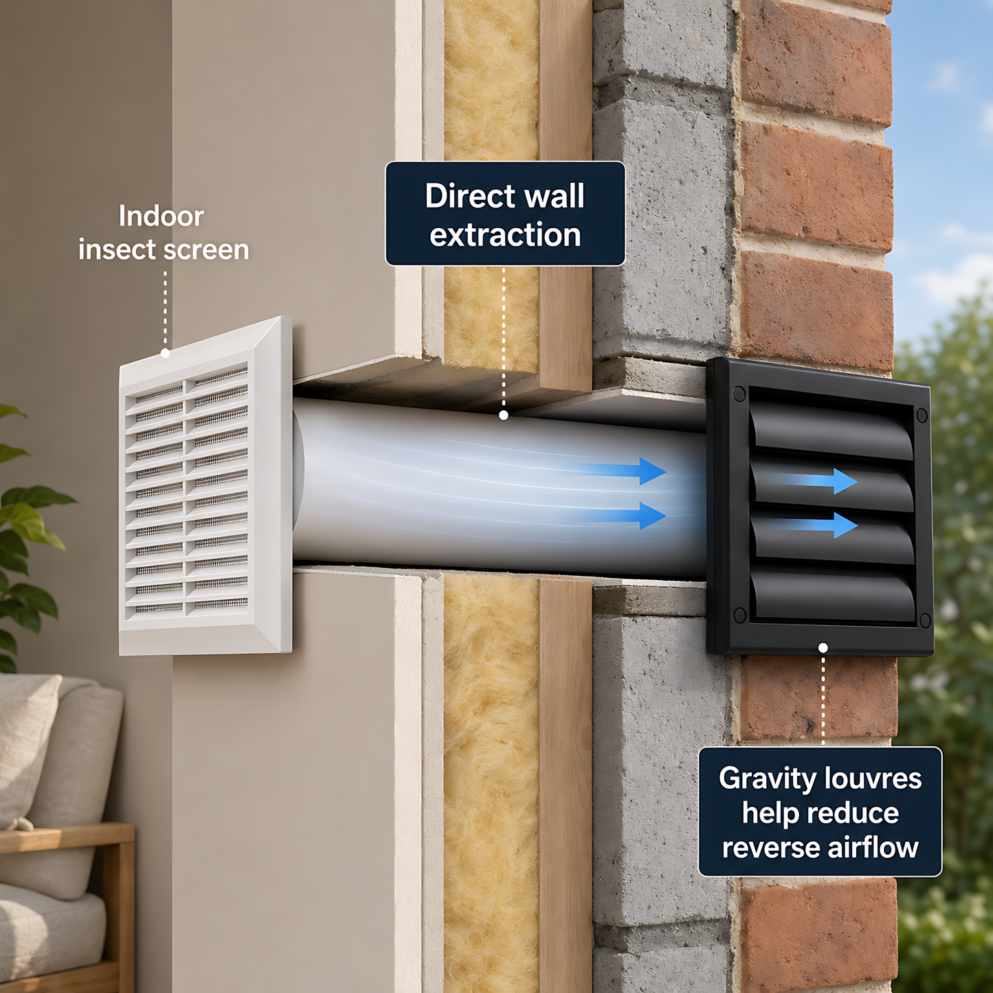 100mm Through-Wall Ventilation Kit with 500mm Duct and Backdraft Grille for Bathrooms, Kitchens, Toilets and Utility Rooms
