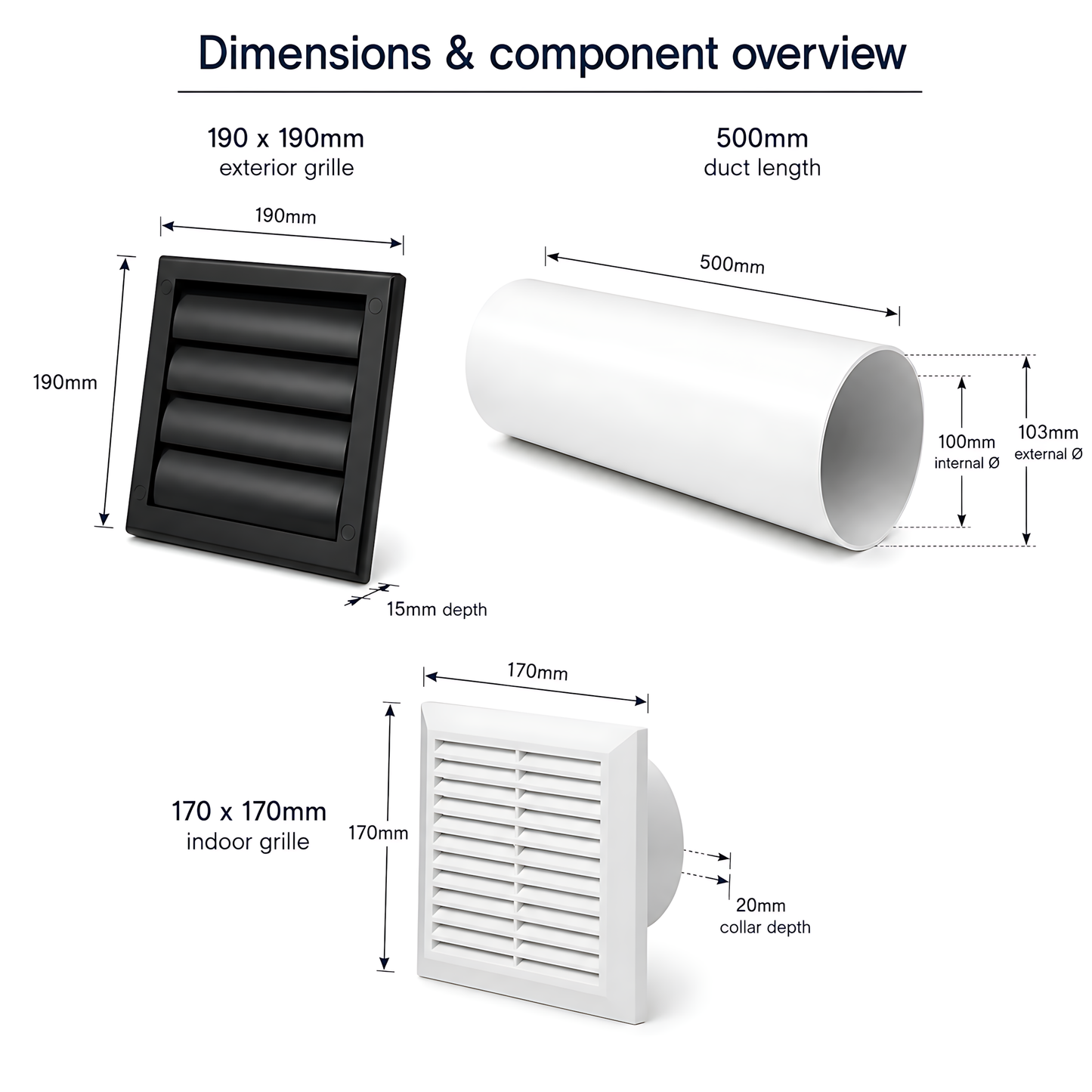 100mm Through-Wall Ventilation Kit with 500mm Duct and Backdraft Grille for Bathrooms, Kitchens, Toilets and Utility Rooms
