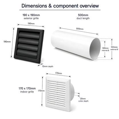 100mm Through-Wall Ventilation Kit with 500mm Duct and Backdraft Grille for Bathrooms, Kitchens, Toilets and Utility Rooms