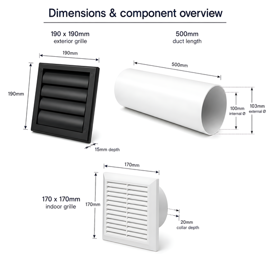 100mm Through-Wall Ventilation Kit with 500mm Duct and Backdraft Grille for Bathrooms, Kitchens, Toilets and Utility Rooms