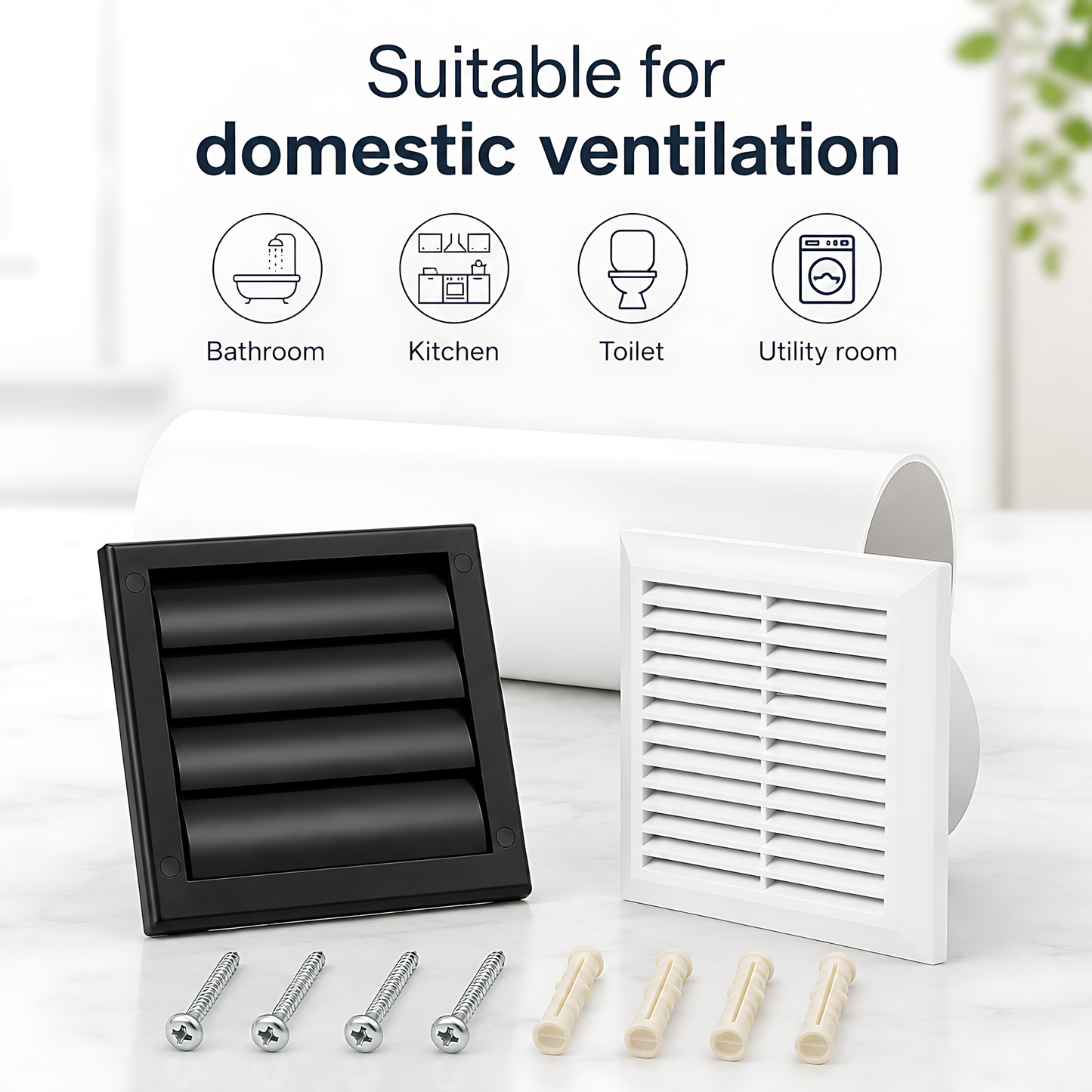100mm Through-Wall Ventilation Kit with 500mm Duct and Backdraft Grille for Bathrooms, Kitchens, Toilets and Utility Rooms