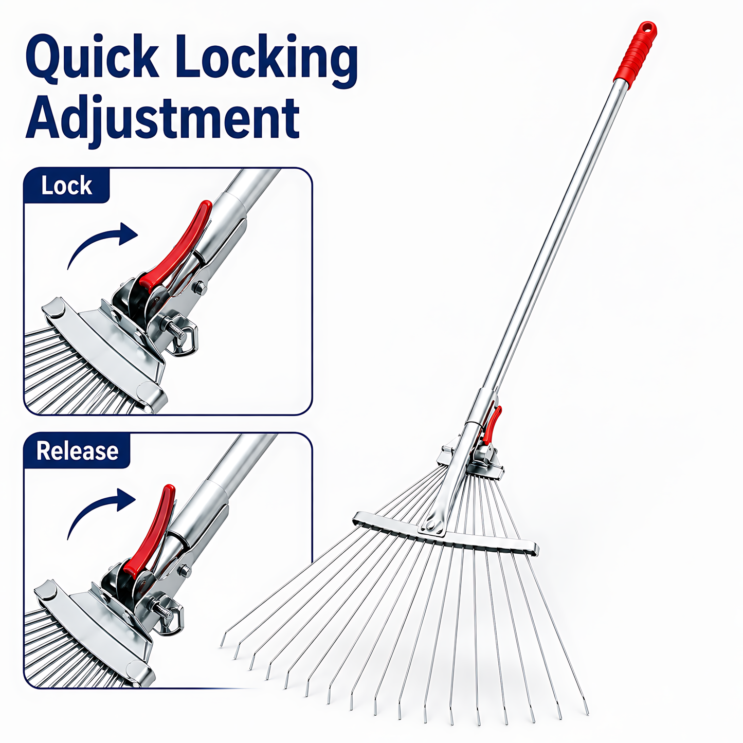 Adjustable Garden Leaf Rake 18-55cm, 15 Steel Tines, 115-150cm Length for Leaves, Grass Clippings, Pine Needles, Lawns, Borders