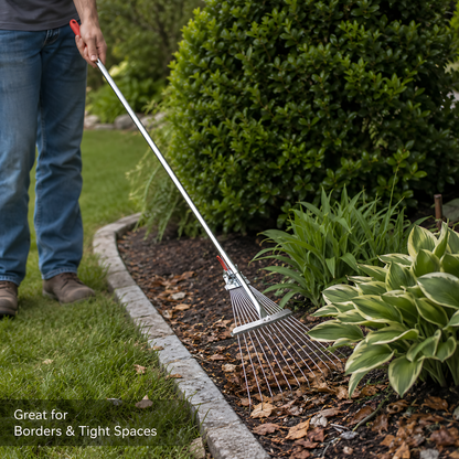 Adjustable Garden Leaf Rake 18-55cm, 15 Steel Tines, 115-150cm Length for Leaves, Grass Clippings, Pine Needles, Lawns, Borders