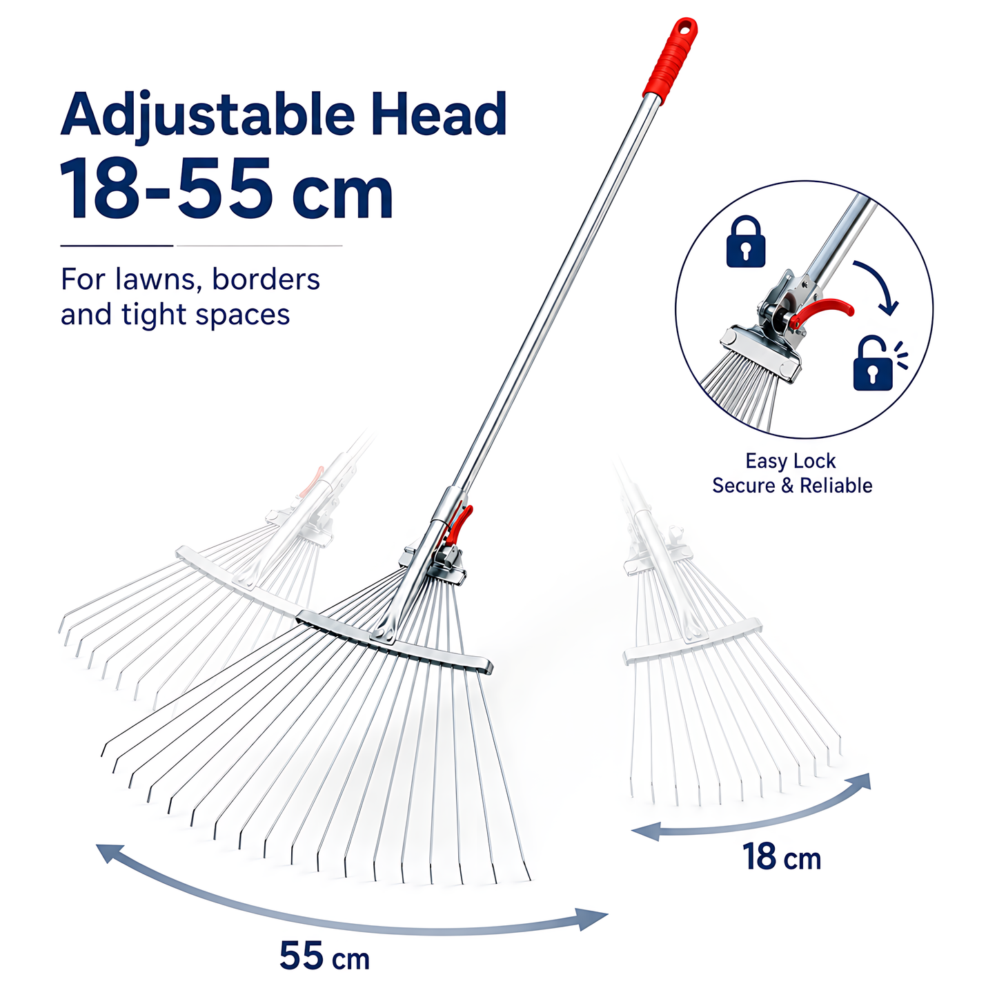 Adjustable Garden Leaf Rake 18-55cm, 15 Steel Tines, 115-150cm Length for Leaves, Grass Clippings, Pine Needles, Lawns, Borders