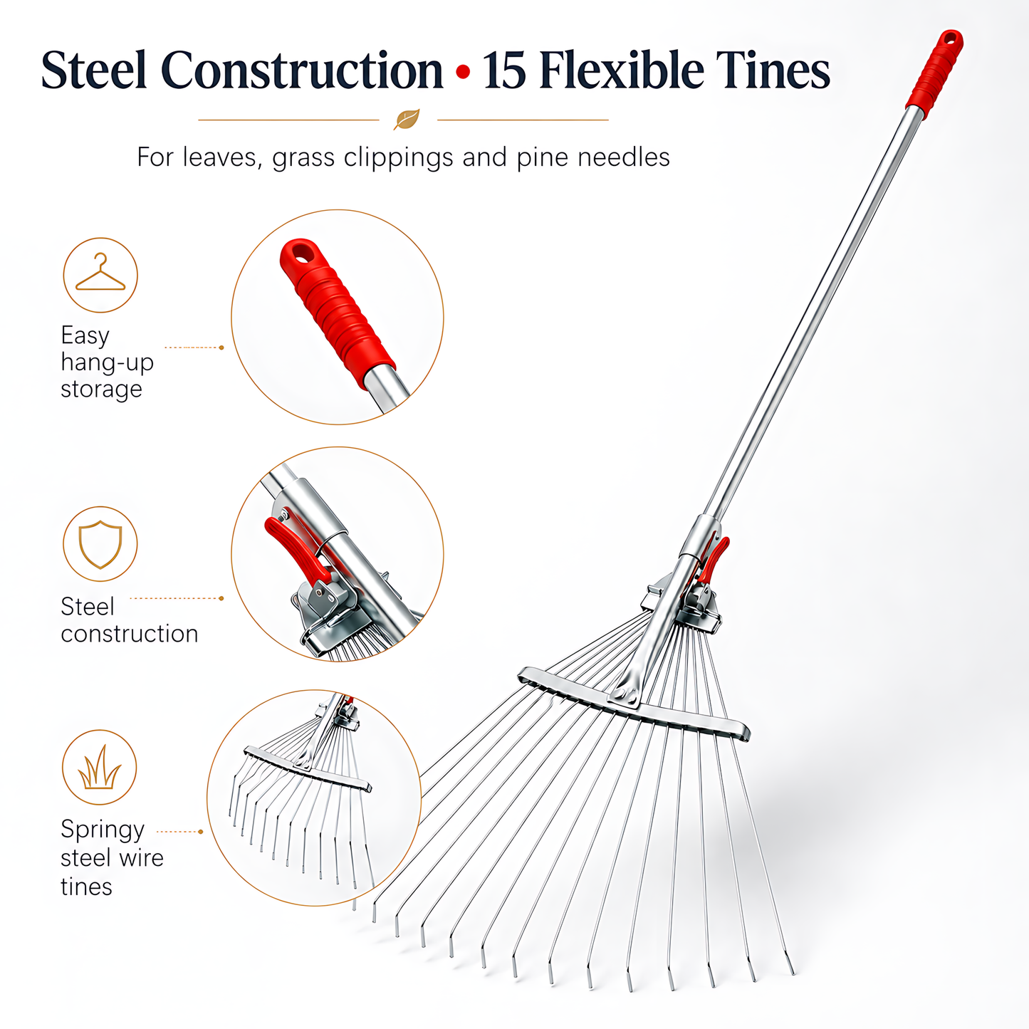 Adjustable Garden Leaf Rake 18-55cm, 15 Steel Tines, 115-150cm Length for Leaves, Grass Clippings, Pine Needles, Lawns, Borders