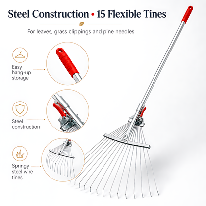 Adjustable Garden Leaf Rake 18-55cm, 15 Steel Tines, 115-150cm Length for Leaves, Grass Clippings, Pine Needles, Lawns, Borders