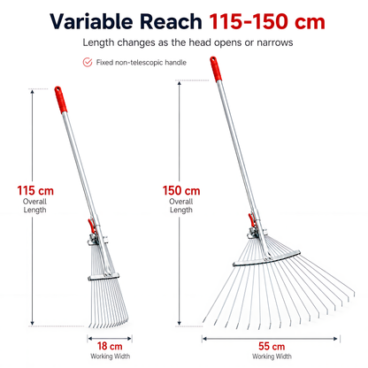 Adjustable Garden Leaf Rake 18-55cm, 15 Steel Tines, 115-150cm Length for Leaves, Grass Clippings, Pine Needles, Lawns, Borders