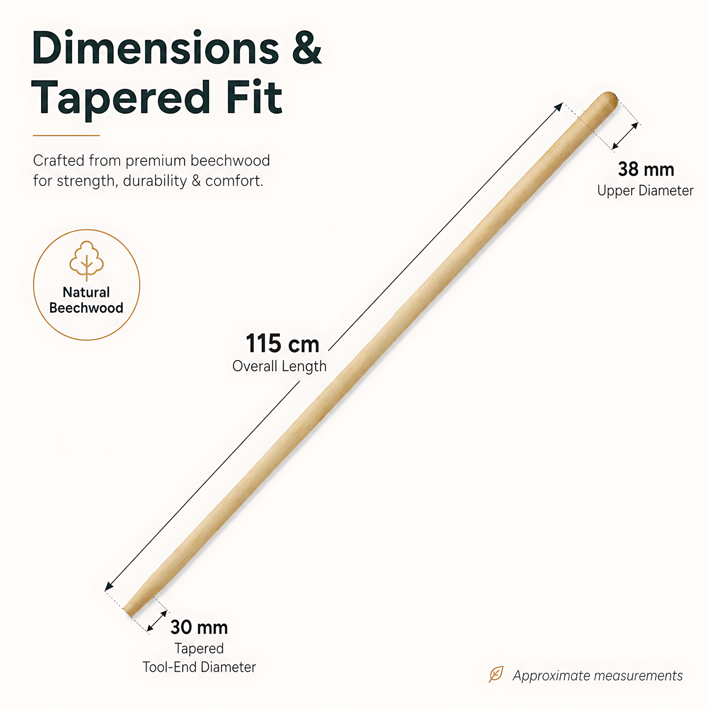 Beechwood Garden Tool Handle 115 cm - 38-30 mm Tapered Shaft