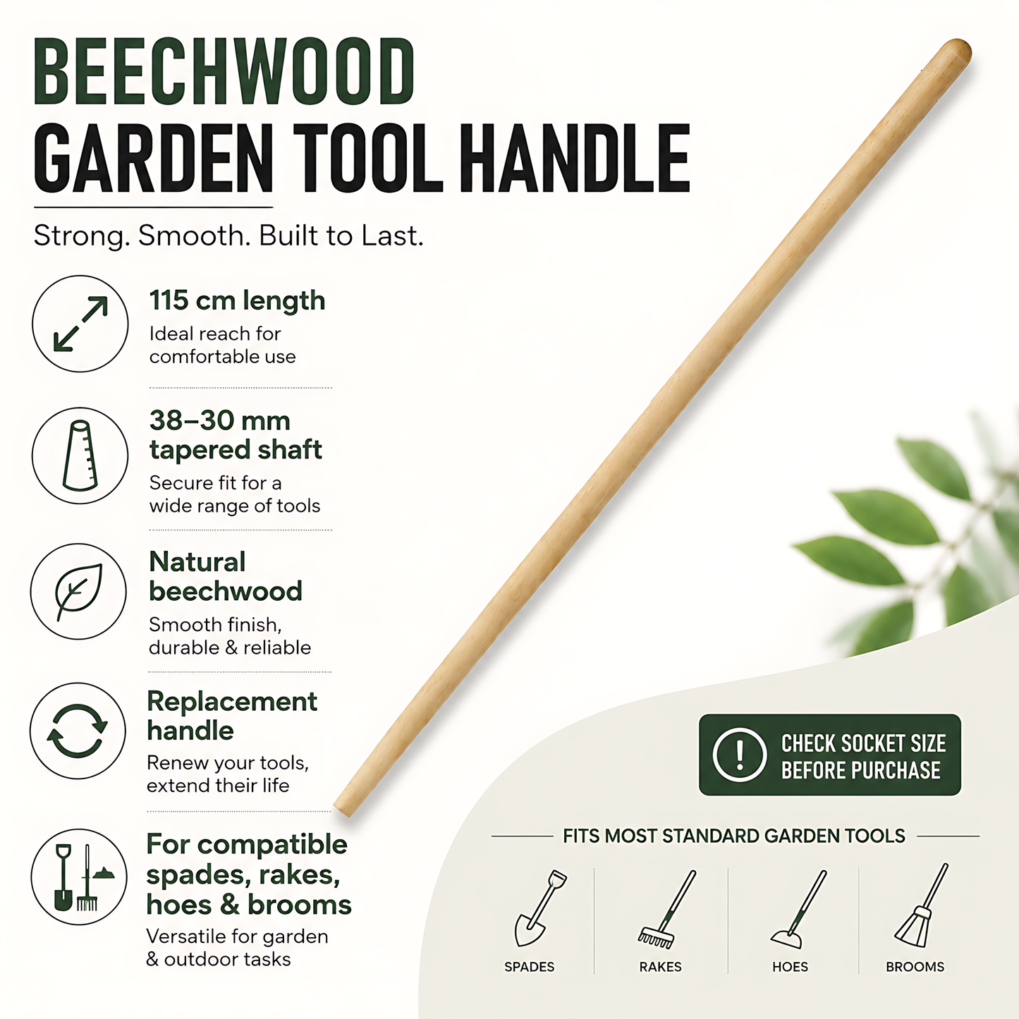 Beechwood Garden Tool Handle 115 cm - 38-30 mm Tapered Shaft