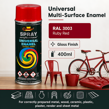 Gloss Spray Paint 400ml Universal Multi-Surface - RAL 3003 Ruby Red - For Metal, Wood, Ceramic, Plastic - Indoor and Outdoor Use