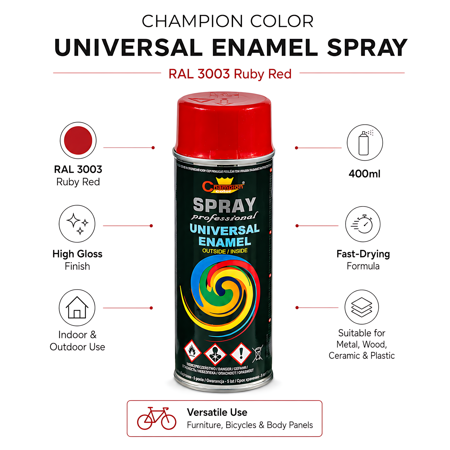Gloss Spray Paint 400ml Universal Multi-Surface - RAL 3003 Ruby Red - For Metal, Wood, Ceramic, Plastic - Indoor and Outdoor Use