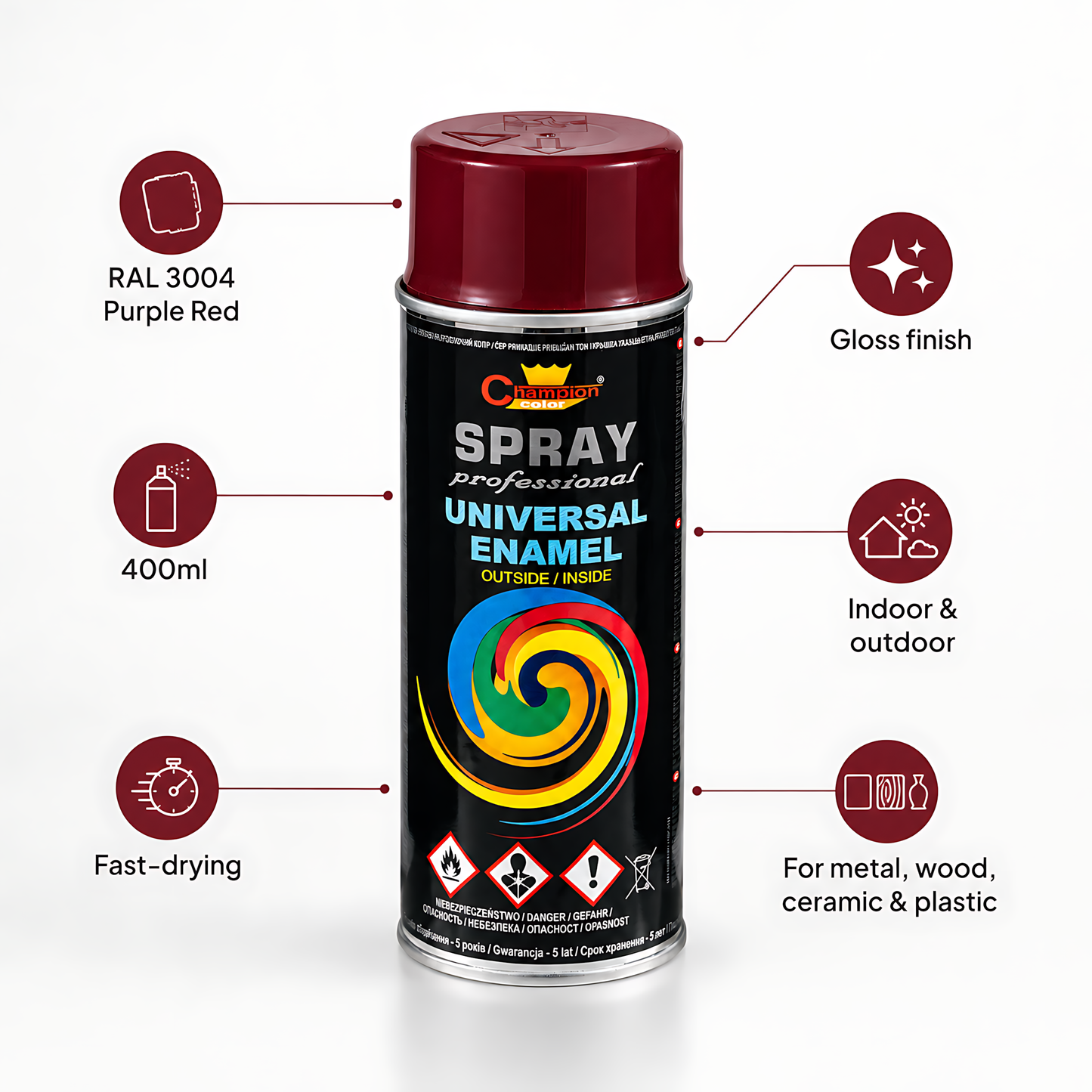 Gloss Spray Paint 400ml Universal Multi-Surface - RAL 3004 Purple Red - For Metal, Wood, Ceramic, Plastic - Indoor and Outdoor Use