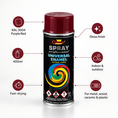 Gloss Spray Paint 400ml Universal Multi-Surface - RAL 3004 Purple Red - For Metal, Wood, Ceramic, Plastic - Indoor and Outdoor Use