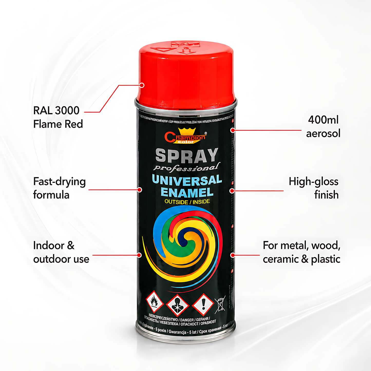 Gloss Spray Paint 400ml Universal Multi-Surface - RAL 3000 Flame Red - For Metal, Wood, Ceramic, Plastic - Indoor and Outdoor Use