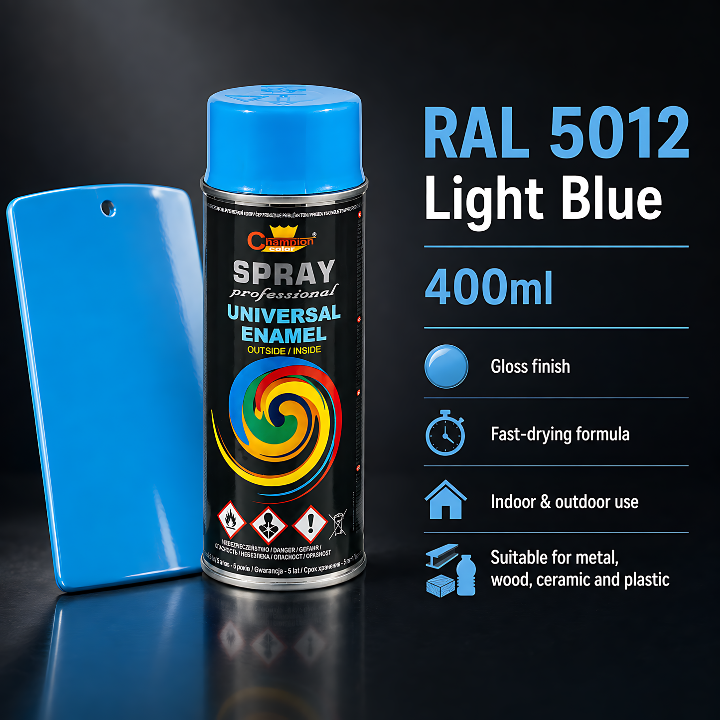 Gloss Spray Paint 400ml Universal Multi-Surface - RAL 5012 Light Blue - For Metal, Wood, Ceramic, Plastic - Indoor and Outdoor Use
