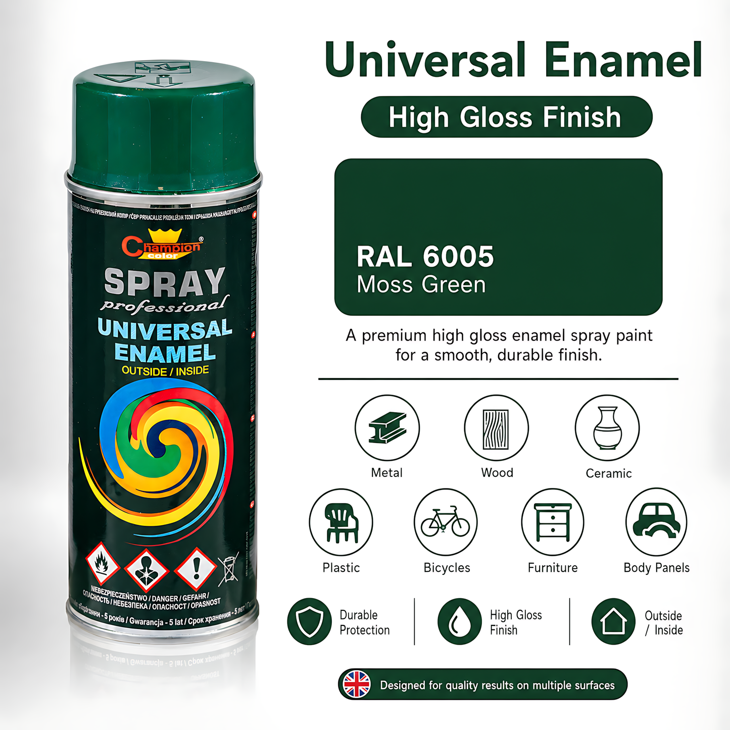Gloss Spray Paint 400ml Universal Multi-Surface - RAL 6005 Moss Green - For Metal, Wood, Ceramic, Plastic - Indoor and Outdoor Use