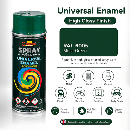 Gloss Spray Paint 400ml Universal Multi-Surface - RAL 6005 Moss Green - For Metal, Wood, Ceramic, Plastic - Indoor and Outdoor Use