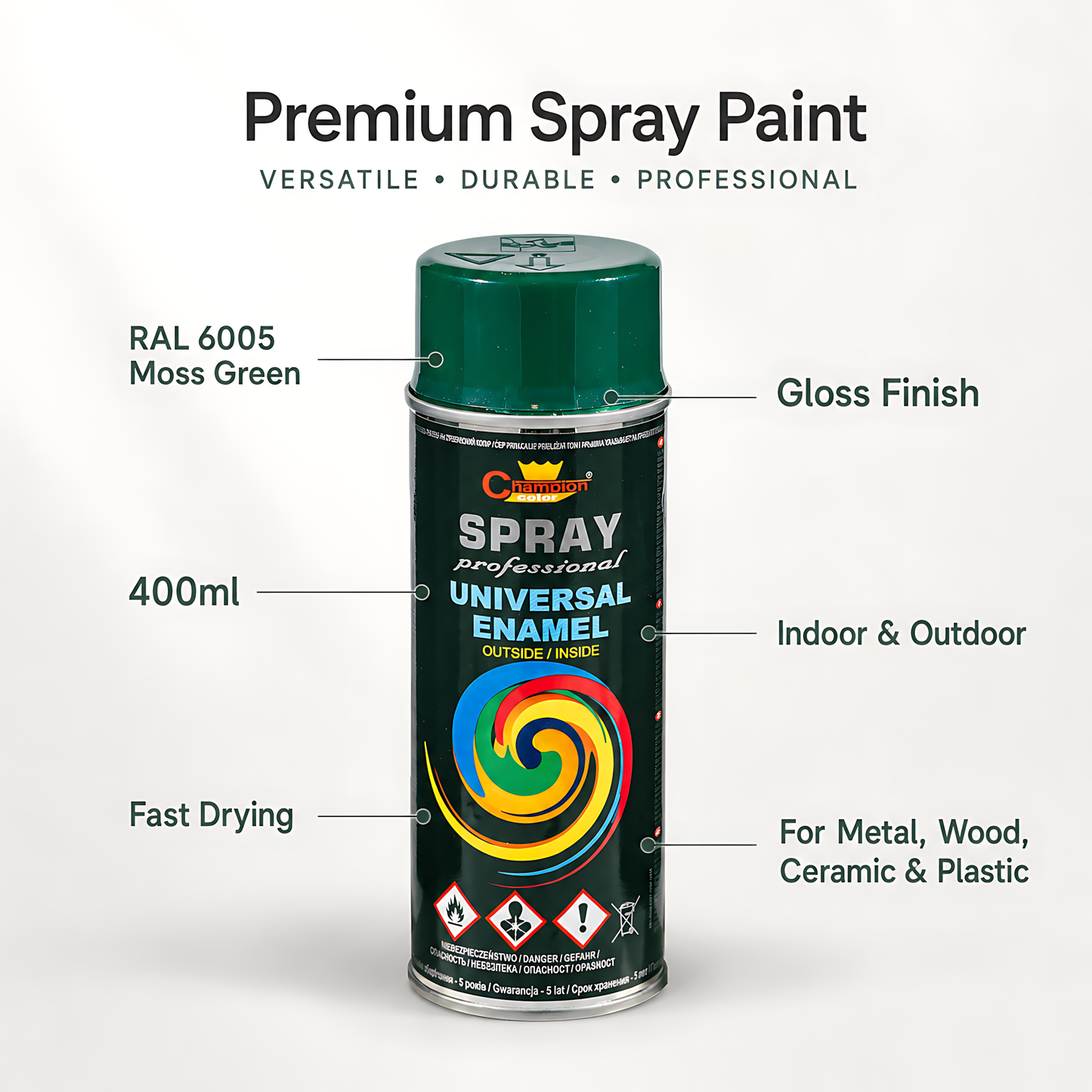 Gloss Spray Paint 400ml Universal Multi-Surface - RAL 6005 Moss Green - For Metal, Wood, Ceramic, Plastic - Indoor and Outdoor Use