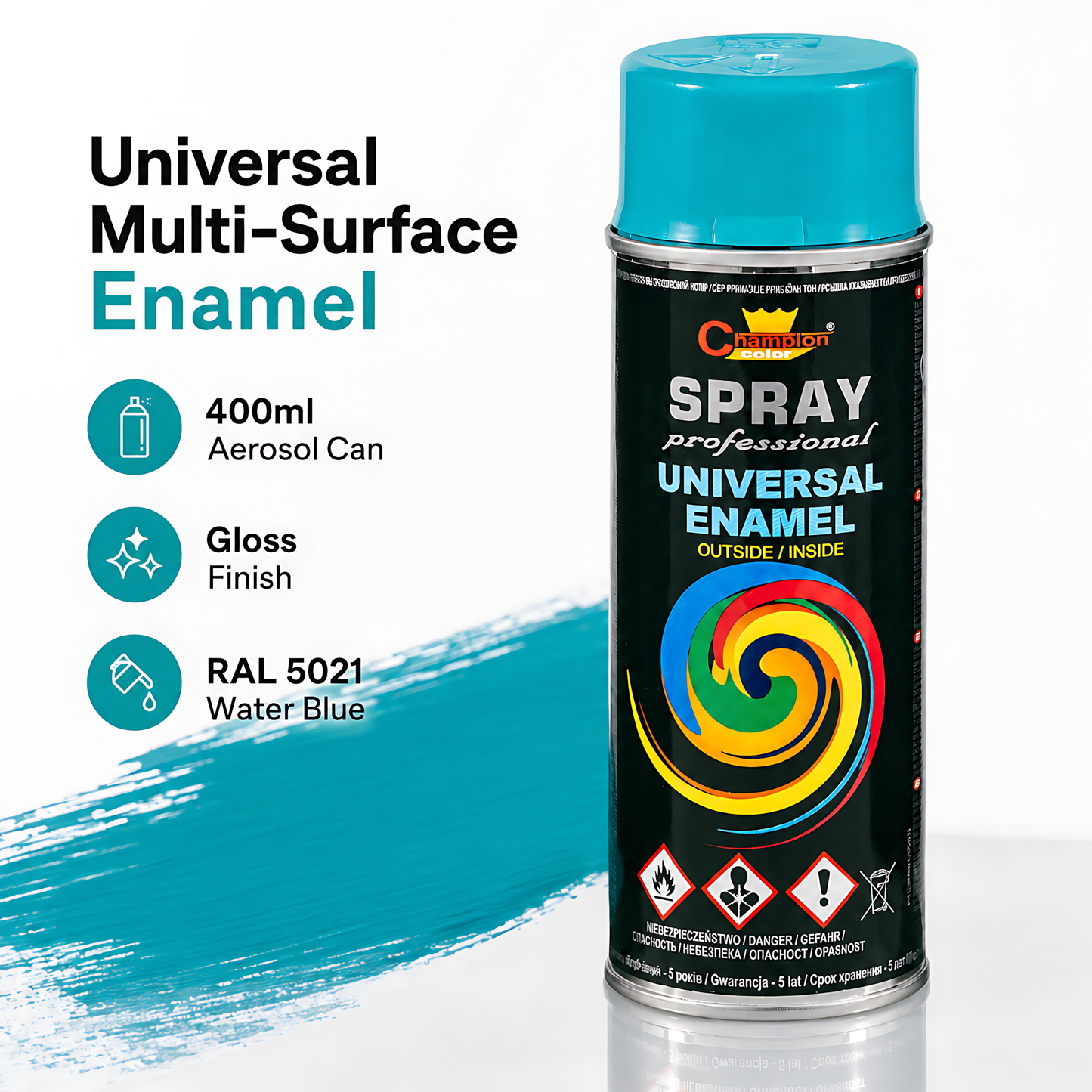 Gloss Spray Paint 400ml Universal Multi-Surface - RAL 5021 Water Blue - For Metal, Wood, Ceramic, Plastic - Indoor and Outdoor Use
