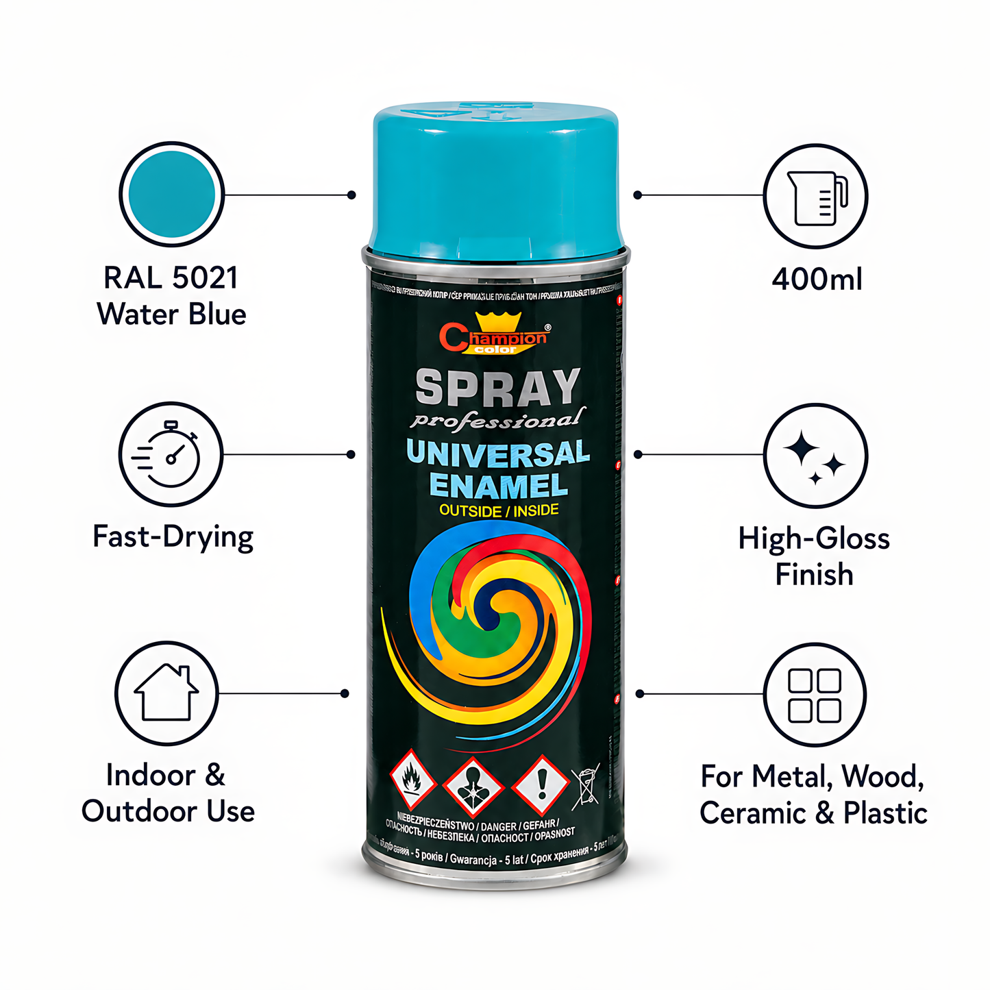 Gloss Spray Paint 400ml Universal Multi-Surface - RAL 5021 Water Blue - For Metal, Wood, Ceramic, Plastic - Indoor and Outdoor Use