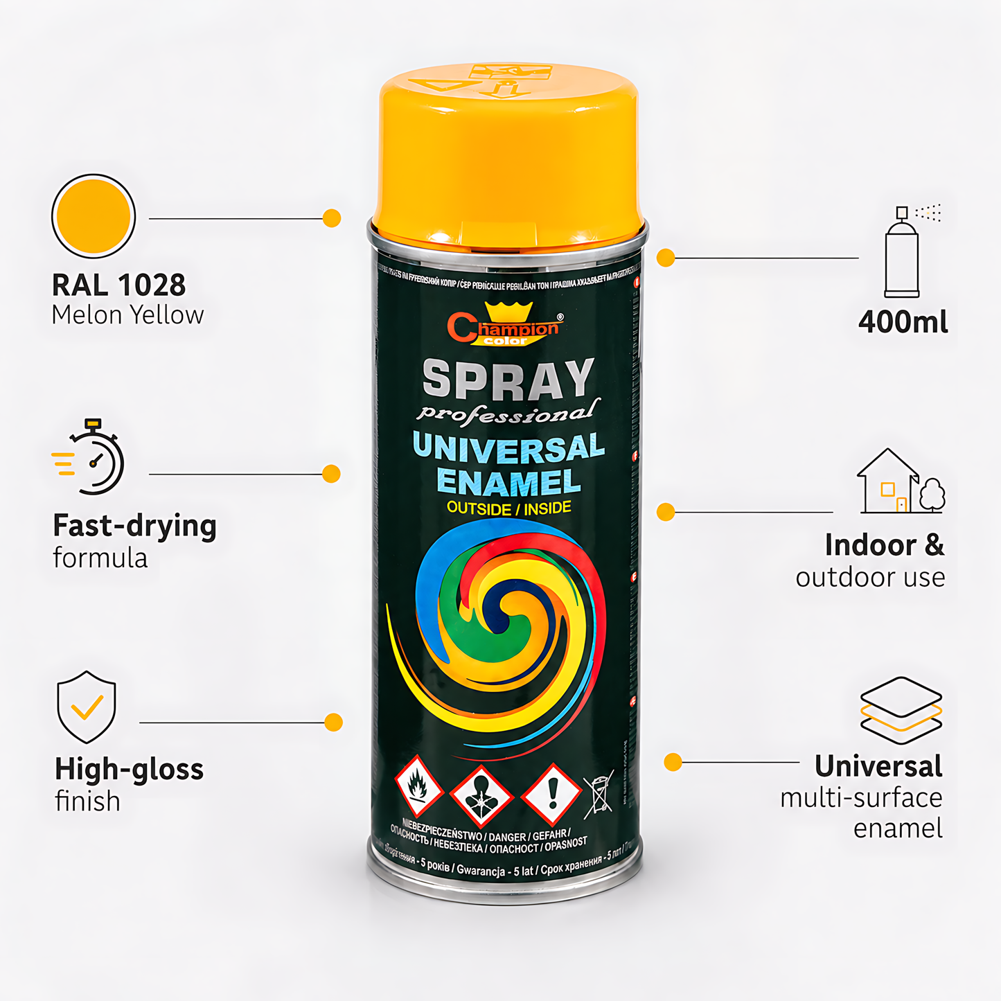 2 x 400ml Gloss Spray Paint Universal Multi-Surface - RAL 1028 Melon Yellow - For Metal, Wood, Plastic - Indoor and Outdoor Use