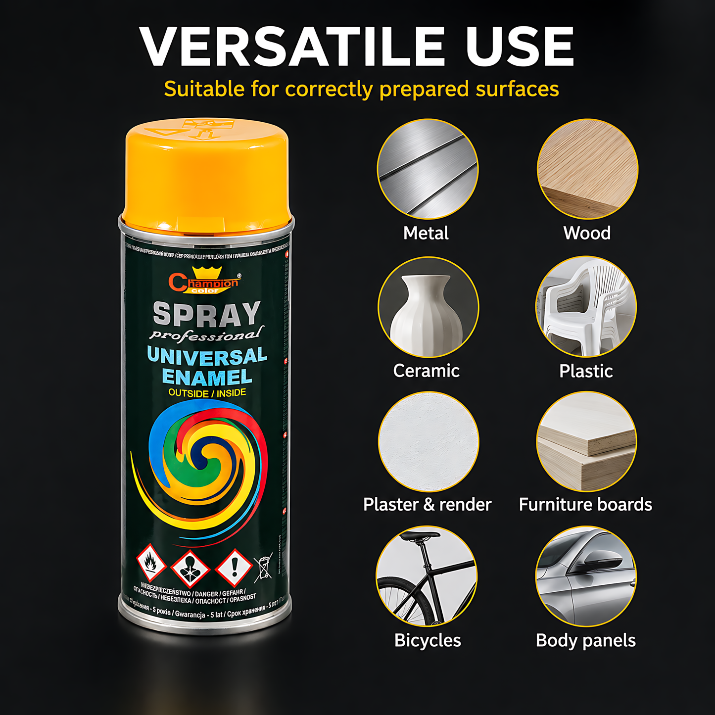 Gloss Spray Paint 400ml Universal Multi-Surface - RAL 1028 Melon Yellow - For Metal, Wood, Ceramic, Plastic - Indoor & Outdoor Use