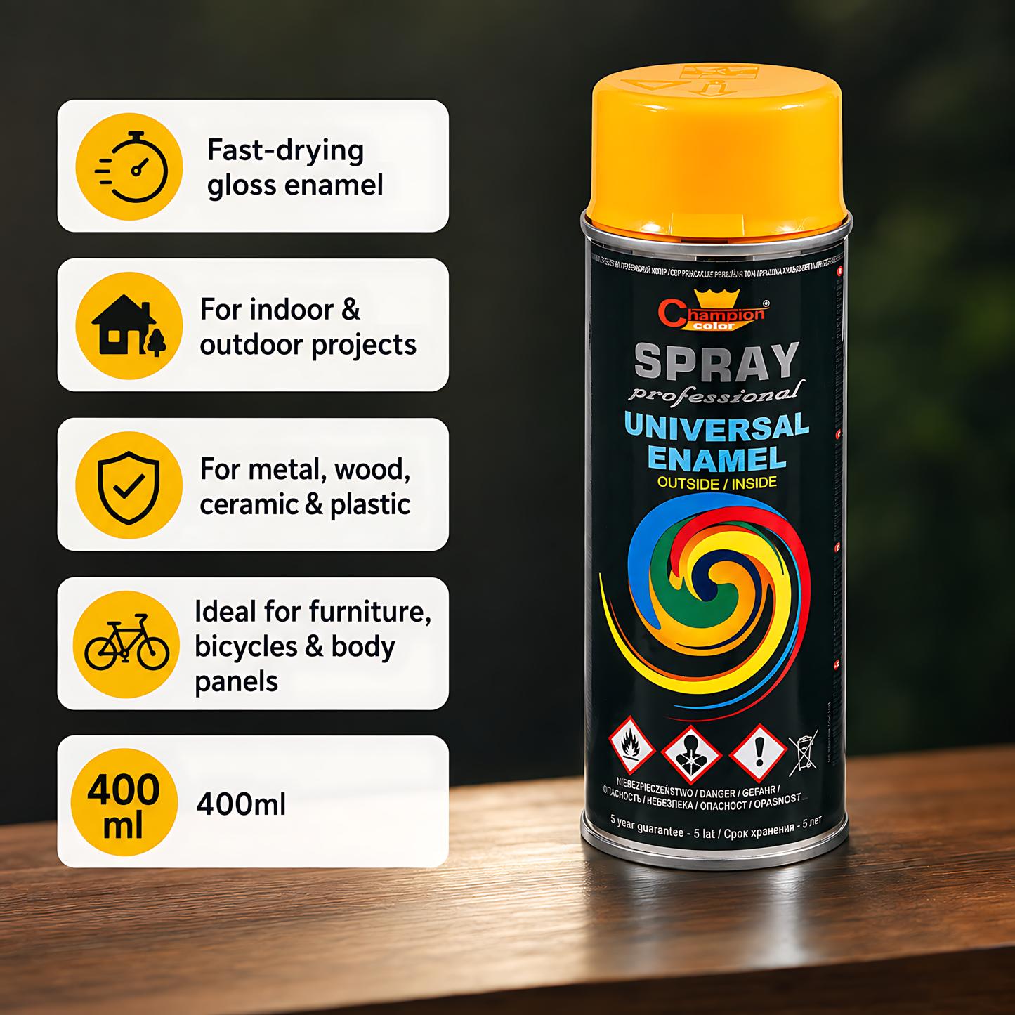 Gloss Spray Paint 400ml Universal Multi-Surface - RAL 1028 Melon Yellow - For Metal, Wood, Ceramic, Plastic - Indoor & Outdoor Use