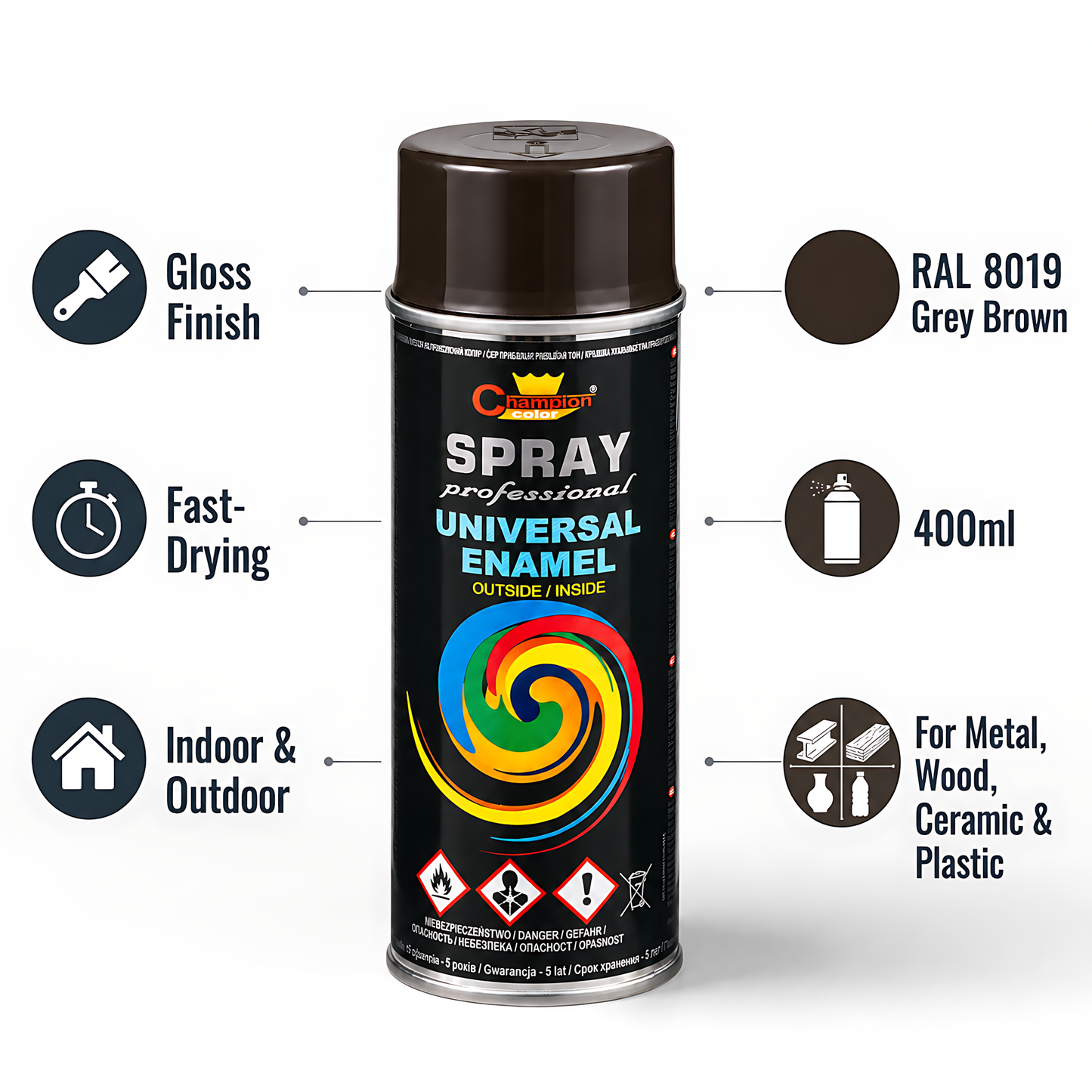 Gloss Spray Paint 400ml Universal Multi-Surface - RAL 8019 Grey Brown - For Metal, Wood, Ceramic, Plastic - Indoor and Outdoor Use