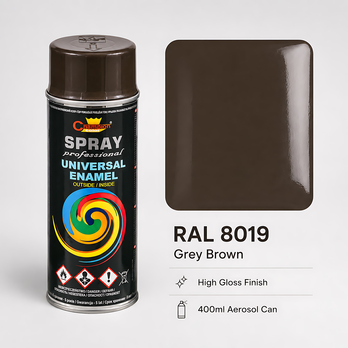 Gloss Spray Paint 400ml Universal Multi-Surface - RAL 8019 Grey Brown - For Metal, Wood, Ceramic, Plastic - Indoor and Outdoor Use