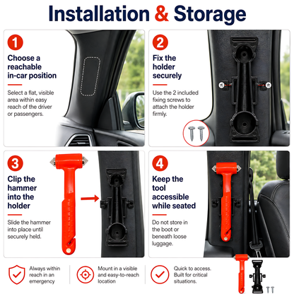 Car Emergency Window Hammer 17cm with Seat Belt Cutter and Mounting Holder - Recessed Safety Blade, Pointed Breaker Head