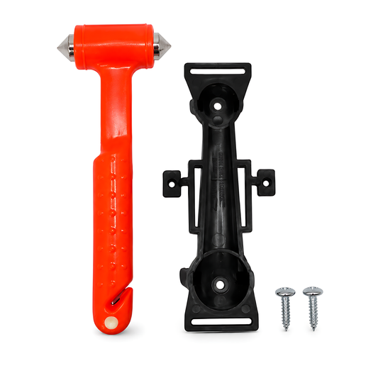 Car Emergency Window Hammer 17cm with Seat Belt Cutter and Mounting Holder - Recessed Safety Blade, Pointed Breaker Head