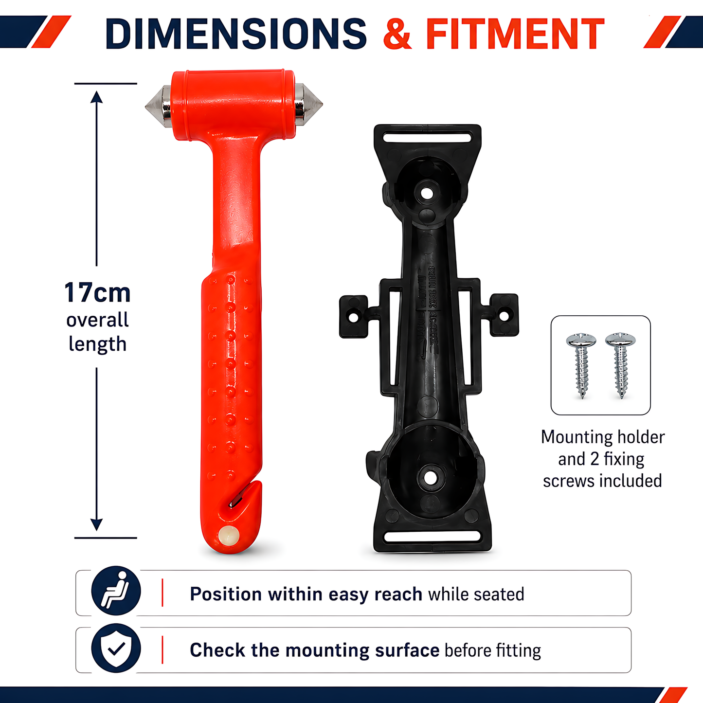 Car Emergency Window Hammer 17cm with Seat Belt Cutter and Mounting Holder - Recessed Safety Blade, Pointed Breaker Head