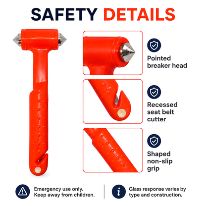 Car Emergency Window Hammer 17cm with Seat Belt Cutter and Mounting Holder - Recessed Safety Blade, Pointed Breaker Head