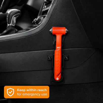 Car Emergency Window Hammer 17cm with Seat Belt Cutter and Mounting Holder - Recessed Safety Blade, Pointed Breaker Head